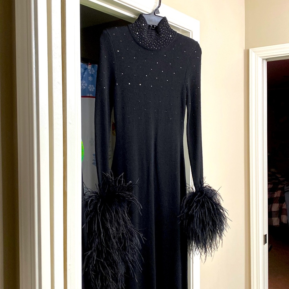 Custom made black knit pageant dress w/ ostrich Feather cuff, Swarovski crystals